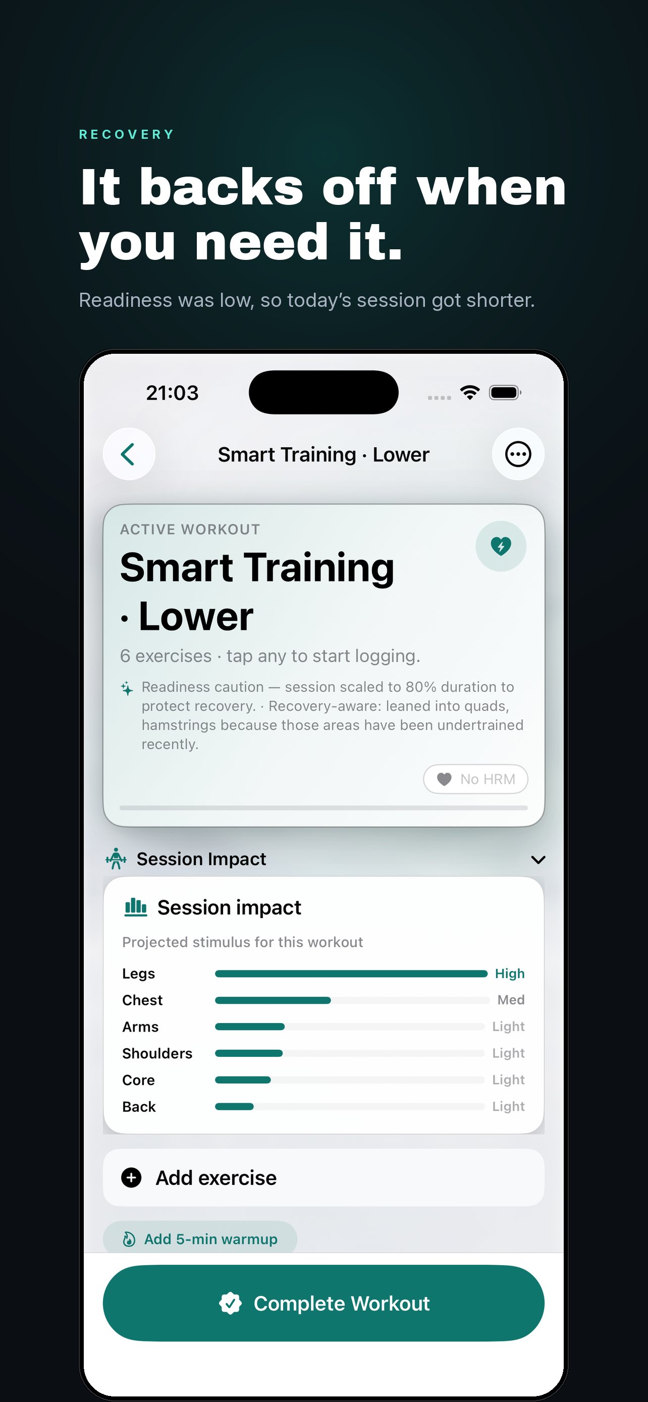 Smart Training Lower session with a readiness caution note and a projected session impact chart