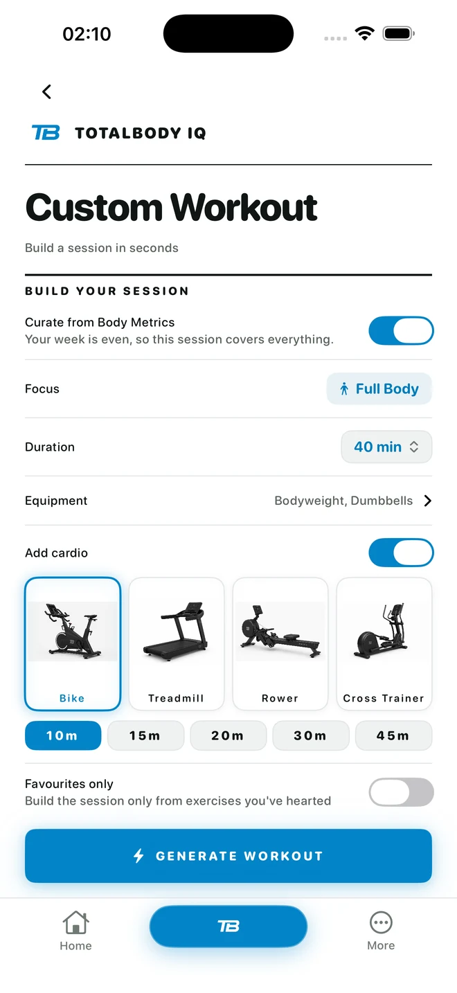 Custom Workout with bodyweight and dumbbells selected and a ten-minute bike addition.