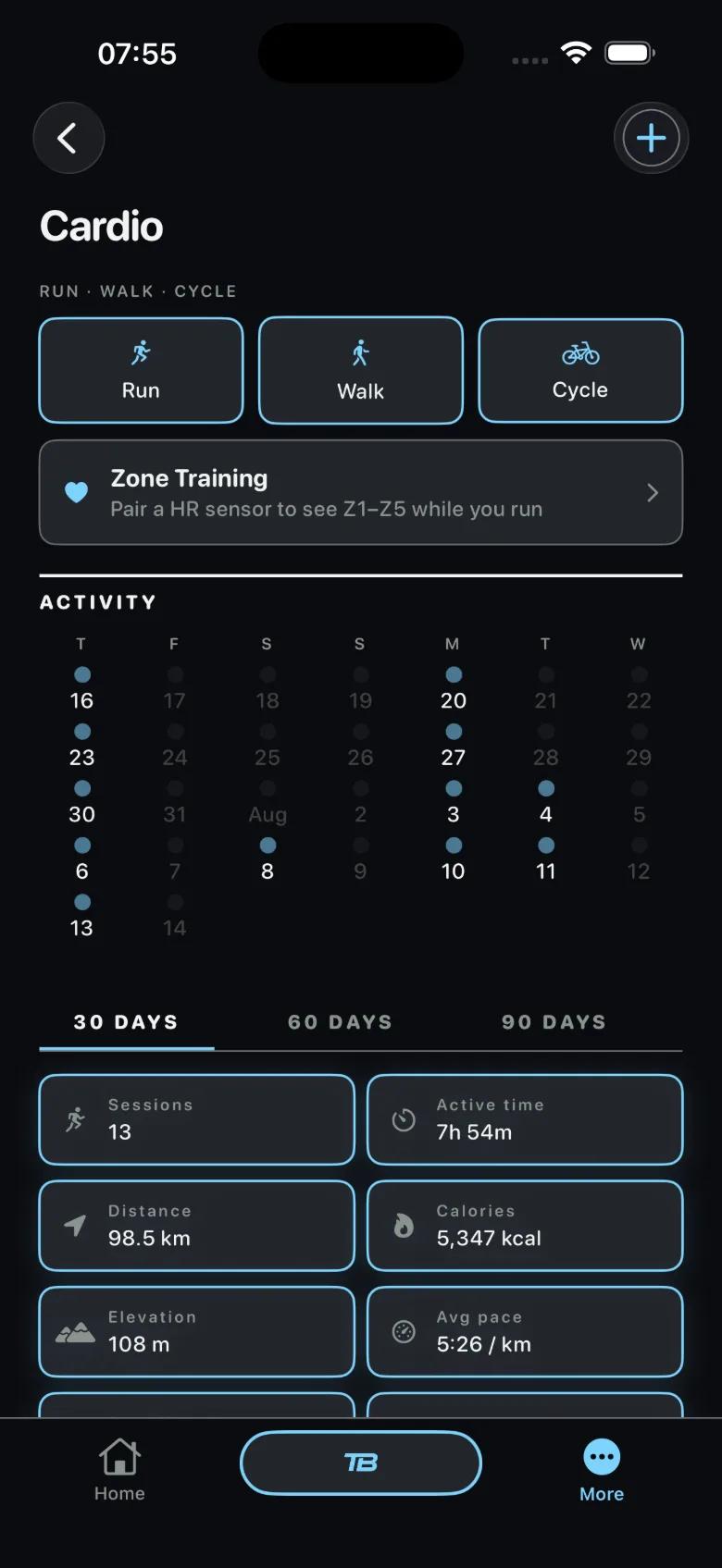 Your cardio, together. TotalBodyIQ app screen