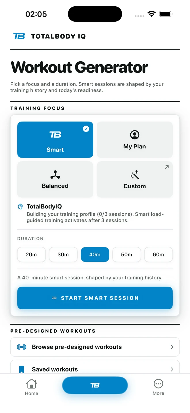 Workout Generator with Smart, My Plan, Balanced and Custom choices, and durations from 20 to 60 minutes.