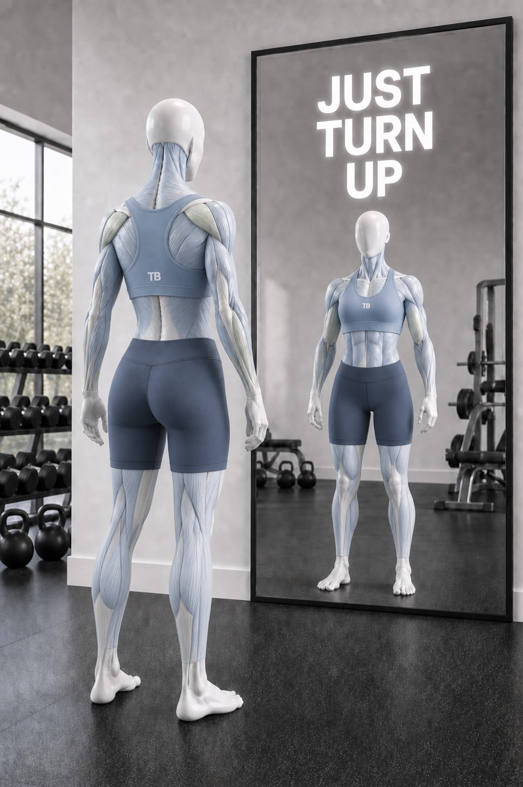 The TotalBodyIQ anatomical figure standing in front of a gym mirror under a JUST TURN UP sign
