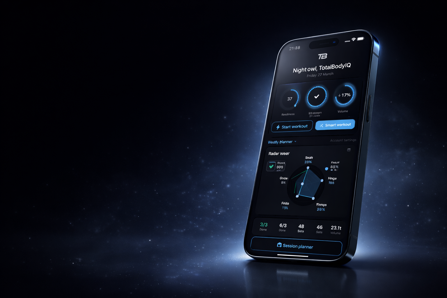 TotalBodyIQ app dashboard with training radar and weekly stats
