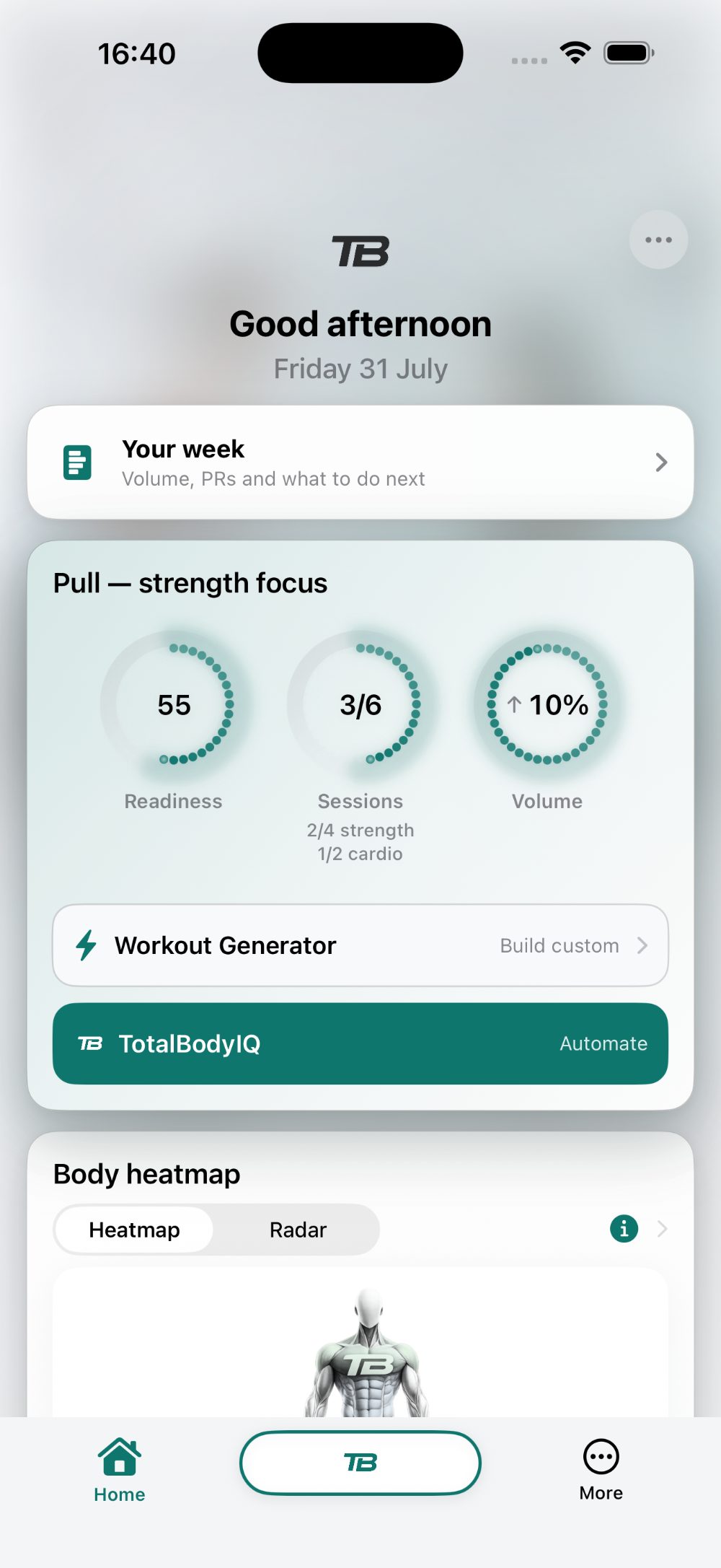 TotalBodyIQ home screen showing readiness 55, sessions 3 of 6 split into 2 of 4 strength and 1 of 2 cardio, and volume up 10 per cent