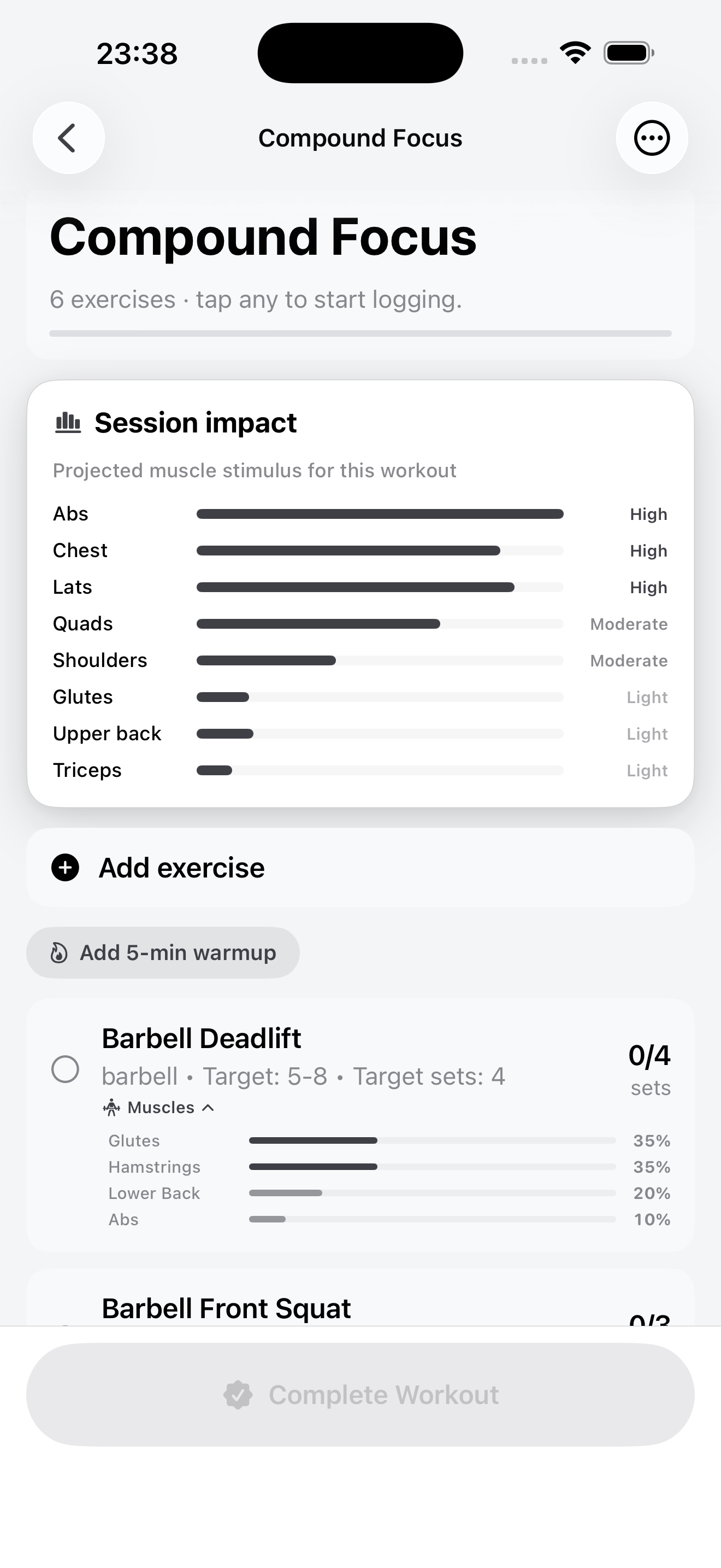 Session impact showing projected muscle stimulus for a compound focus workout