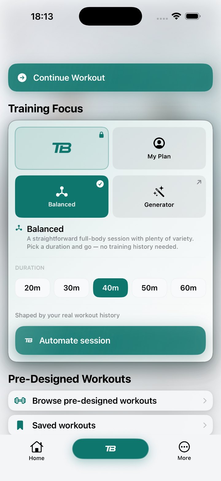 Training Focus screen with Balanced selected, a 40 minute duration and an Automate session button