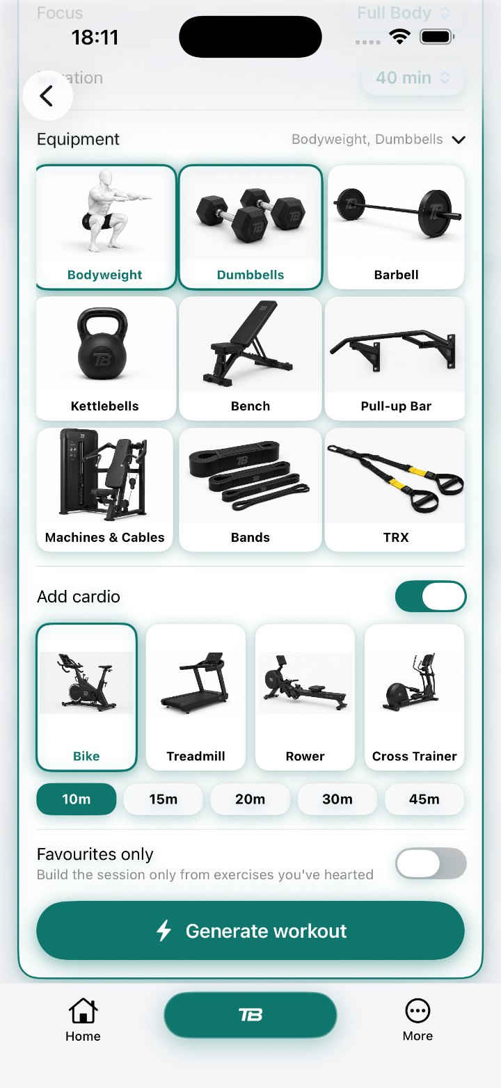 Equipment screen with bodyweight and dumbbells selected, cardio on, and a Generate workout button