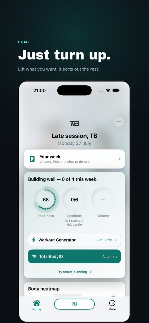 Just turn up, the home screen with readiness, sessions and volume