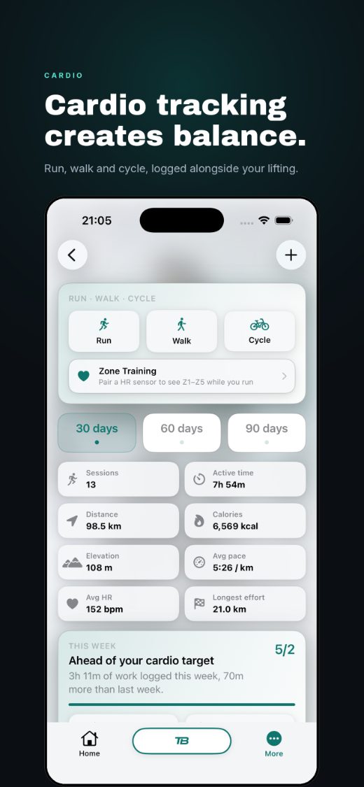 Cardio tracking creates balance, run, walk and cycle